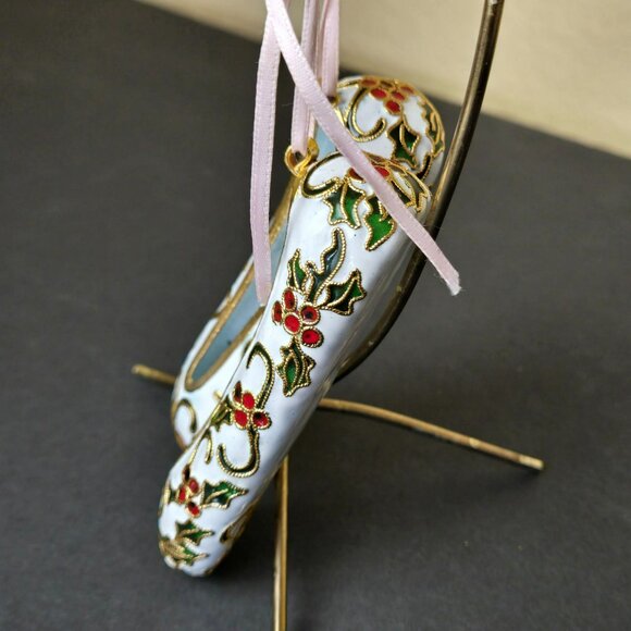 Porcelain Ballet Shoes Ornament White Gold Red Holly 4 Inch Hand Painted Holiday - Picture 2 of 8